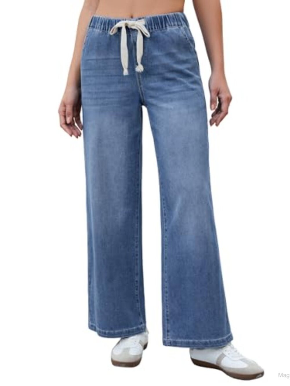 High Waist Wide Leg Pull On Stretch Denim Jeans with Pockets